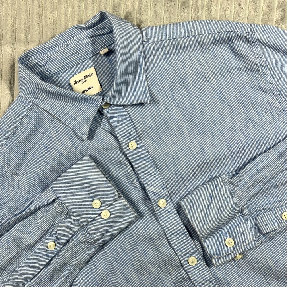 Baird McNutt Murano Linen Blend Button Up Shirt Mens L Striped Beach Resort Blue